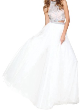 beaded halter tulle skirt gown in ivory