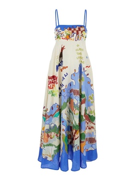 'Nadia' Multicolor Long Dress With All-Over Printed Motif In Linen Woman