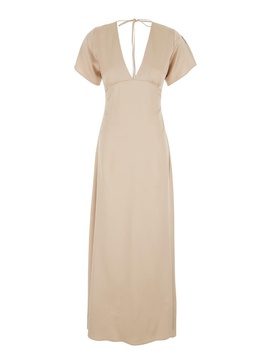 Long Beige Dress With Bow At The Back In Fabric Woman