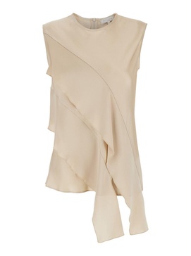 'Viterbo' Beige Crewneck Top With Front Asymmetric Ruffle In Satin Woman