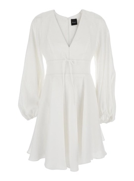 White Dress With V-Neck And Flared Skirt In Tech Fabric Woman