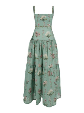 'Lima' Green Long Dress With All-Over Floral Print In Linen Woman