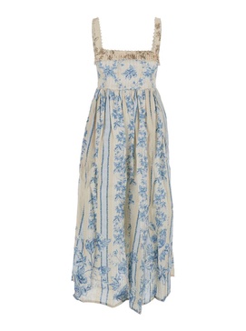 'Barbara' Blue Long Dress With All-Over Floral Embroidery In Linen Woman