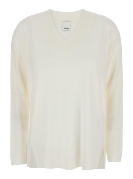 White Sweater With V Neck In Wool Woman