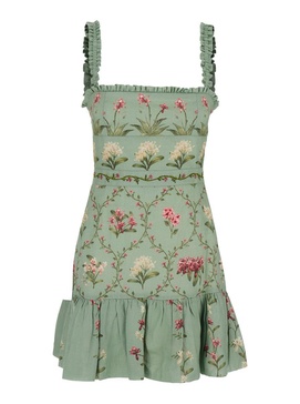 'Nieve'  Green Long Dress With All-Over Floral Print In Linen Woman