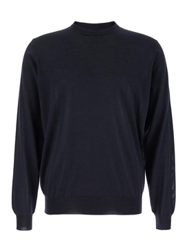 Blue Crewneck Sweater With Ribbed Trims In Wool Man