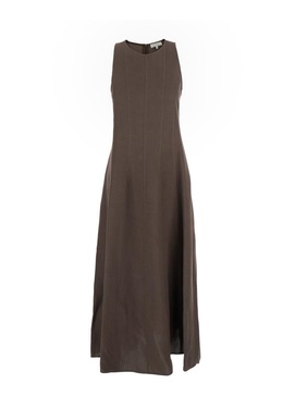 'Monsen' Brown Long Dress With Crew Neck Hidden Back Closure In Viscose And Linen Blend Woman