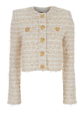White Crewneck Cardigan with Jewel Buttons in Tech Fabric Woman