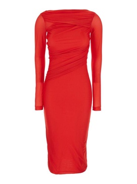 Red Long Dress with Ruffles and Boat Neckline in Tech Fabric Woman
