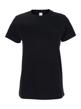 'Start' Black Crewneck T-Shirt with Tonal Logo Lettering on the Front in Cotton Woman