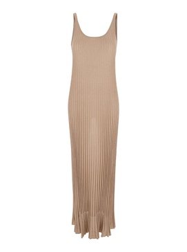 Long Beige Ribbed Dress with U Neckline in Lurex Woman