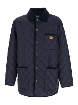 Blue Jacket with Classic Collar and Logo Detail on the Front in Tech Fabric Man