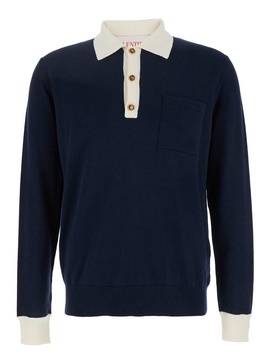Blue Knitted Polo Shirt with Patch Pocket on the Chest in Cotton Man