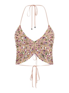 Pink Butterfly Cropped Top with Rhinestones in Viscose Woman