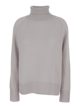 Grey High Neck Sweater with Ribbed Trim in Cashmere Woman