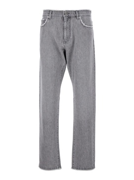 Grey Washed Jeans with High Waist and Logo Patch in Denim Man