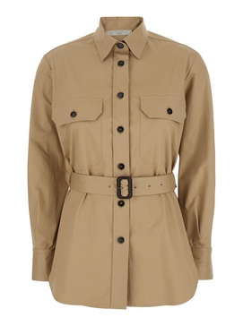 Beige Shirt with Classic Collar and Adjustable Belt in Cotton Stretch Woman