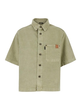 'Olive' Green Shirt with Classic Collar in Cotton and Linen Blend Woman
