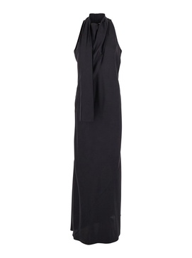 Blue Long Dress with Halterneck and Scarf Detail in Silk Woman