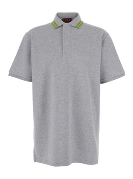 Gucci Grey Polo Shirt With Striped Collar And Tone-On-Tone Embroidered Logo On The Front In Cotton Man