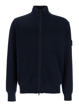 Blue Cardigan with Removable Compass Logo Applied on the Sleeve in Ribbed Cotton Man