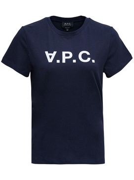 Blue Cotton T-Shirt with Logo Print in Cotton Woman