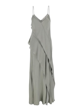 'Luisiana' Gray Dress with Spaghetti Straps and Front Ruffle in Satin Woman