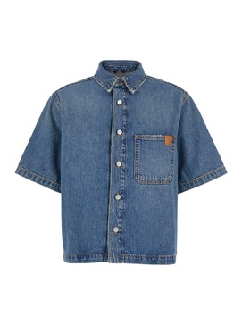 'Olive' Blue Crop Shirt with Patch Pocket on the Chest in Denim Woman