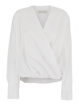 White Shirt with Draping and V-Neck in Cotton Poplin Woman