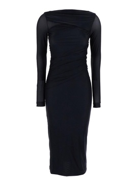 Black Long Dress with Ruffles and Boat Neckline in Tech Fabric Woman
