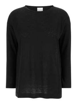 Black Shirt with Boart Neckline in Linen Woman