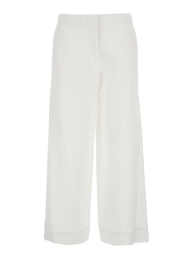 White Pants with Hidden Front Closure and Turn-Up Edges in Fabric Woman