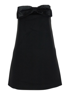 Black Sleeveless Mini Dress with Bandeau and Beaded Oversize Bow in Tech Fabric Woman