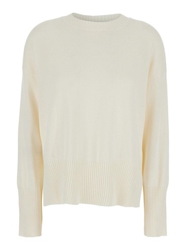 White Crewneck Sweater with Ribbed Trims in Cotton Woman