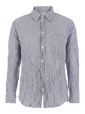 Light Blue Shirt with All-Over Striped Motif and Crinkled Effect in Cotton Man