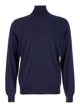 Navy Blue Turtleneck Pull with Rib Trim in Wool Man Gaudenzi