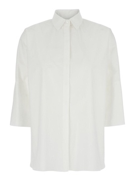 White Oversized Shirt with Classic Collar and Three-Quarter Sleeves in Cotton Woman