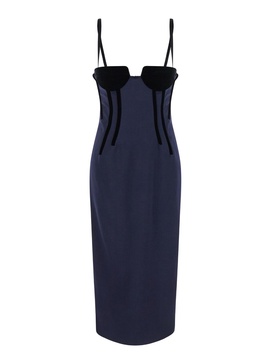 'Anemone' Blue Midi Dress with Bustier-style Neckline and Rear Slit in Wool Blend Stretch Woman