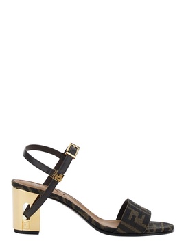 'Delfina' Brown Sandals with All-Over FF Motif and Block Heel in Leather and Fabric Woman