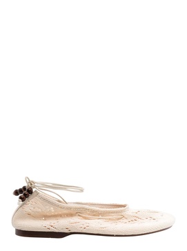 'Rosemary' White Ballet Flats with Embroidered Design Ankle Knot Closure in Cotton Crochet Woman