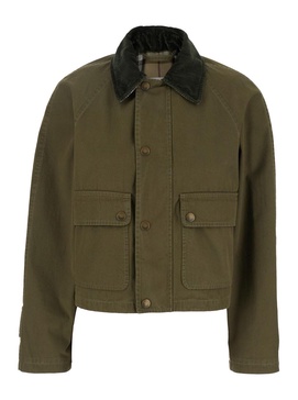 Green Cropped Jacket with Corduroy Collar in Cotton Woman