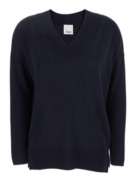 Blue Sweater with V Neck in Wool Woman