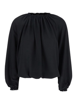 Black Top with Dropped Shoulders and Curlsin Fabric Woman