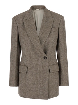 Brown Single-Breasted Jacket with Peak Revers in Wool Blend Stretch Woman