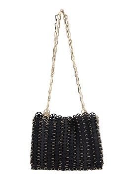 Black Shoulder Bag with Two Chain-Link Shoulder Straps and Logo Engraved Discs in Leather Woman
