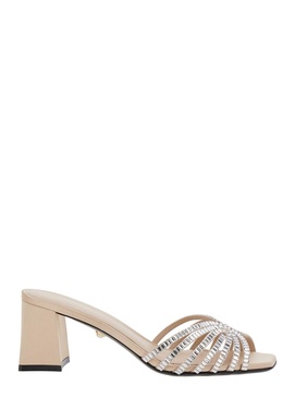 'Vittoria' Metallic Rhinestoned Sandals with Block Heel in Leather Woman