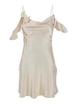 Beige Off-Shoulder Mini Dress with Ruched Details in Tech Fabric Woman