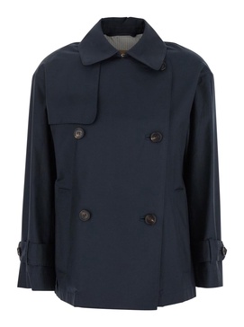 'Zeno' Blue Double-Breasted Trench Coat with Wide Collar in Cotton Blend Woman
