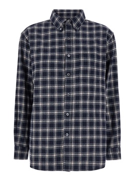 Blue Shirt with Classic Collar and All-Over Check Motif in Flannel Woman