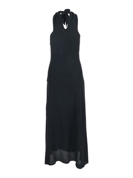Black Long Dress with V-Neck and Knot Closure in Fabric Woman